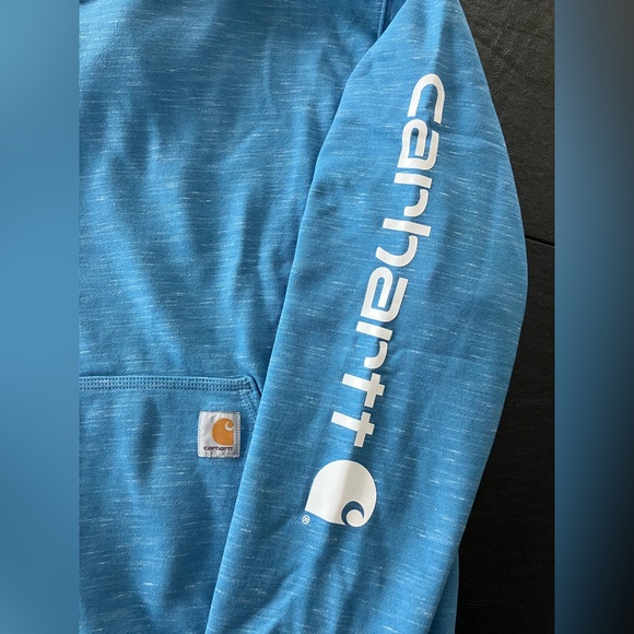 Men's light blue Carhartt Hoodie with white sleeve lettering. Size M - Picture 3 of 6